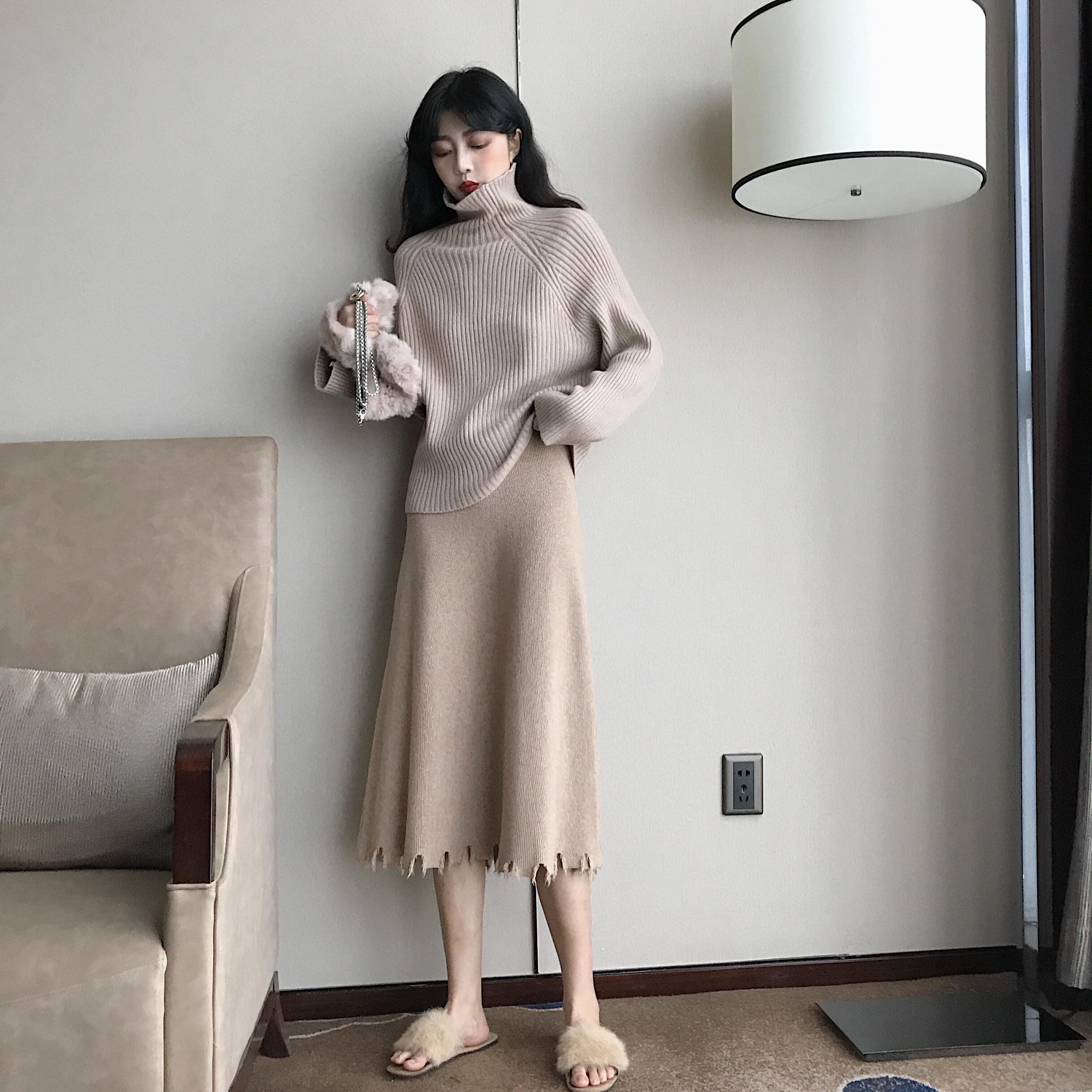 秋冬2018新款港味復古寬松百搭針織毛衣+百褶Ａ字半身裙女套裝潮