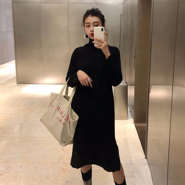 韓版寬松加厚高領顯瘦中長款毛衣裙側開叉打底針織連衣裙女秋冬潮